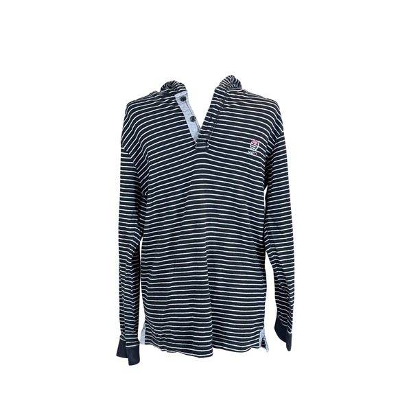 Mufti Other - Mufti Jeans Hooded Henley Shirt Black White Striped Long Sleeve Mens Large